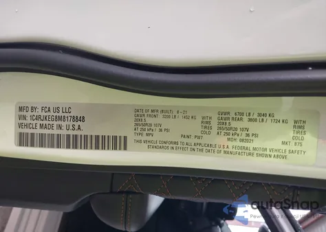 2021 Jeep Grand Cherokee L Summit 4X4 z USA, uszkodzony, nr VIN 1C4RJKEG8M8178848